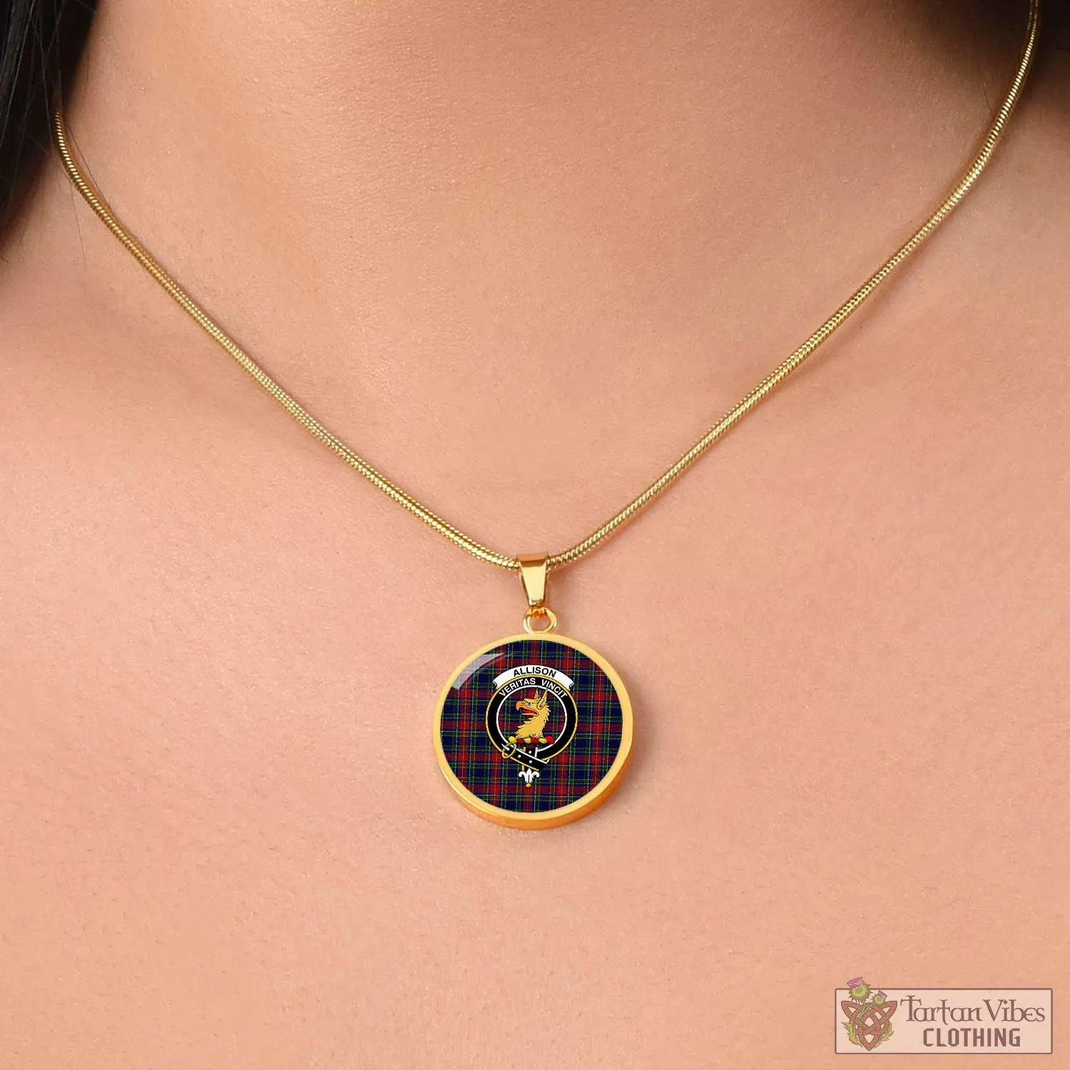 Allison Red Tartan Circle Necklace with Family Crest