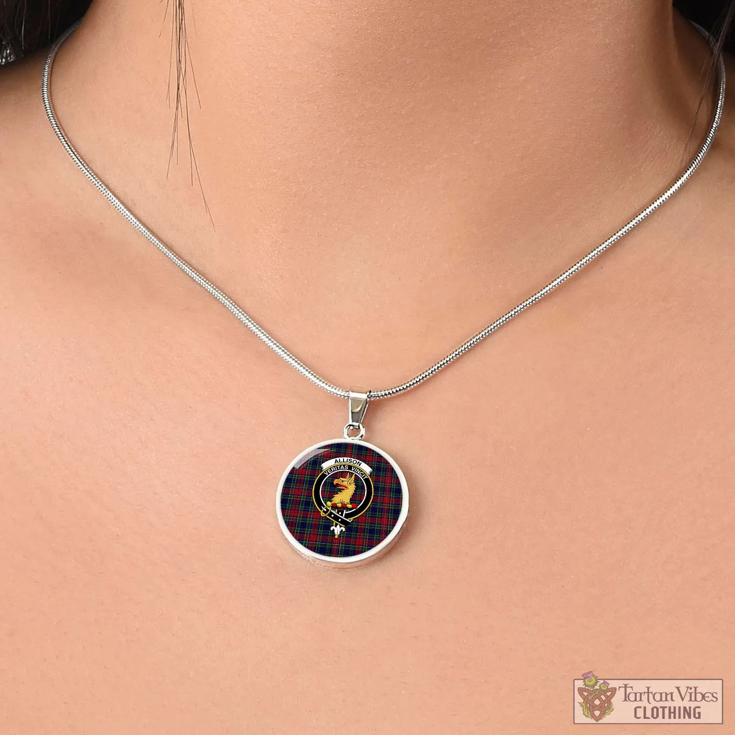 Allison Red Tartan Circle Necklace with Family Crest