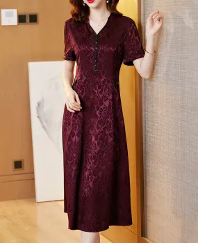 Azia V-neck Jacquard Pattern Midi Dress With Pocket