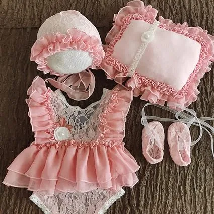 Babymoon | Set Of 4 |  Baby Lace Romper, Cap, Pillow & Shoes | Baby Photography Photoshoot Props Costumes | 1 yr | Pink