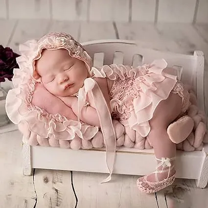 Babymoon | Set Of 4 |  Baby Lace Romper, Cap, Pillow & Shoes | Baby Photography Photoshoot Props Costumes | 1 yr | Pink