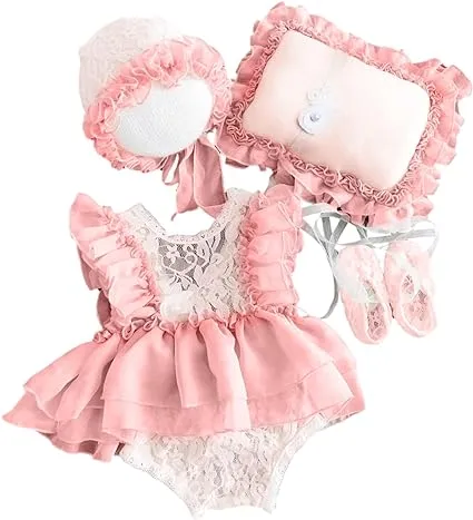 Babymoon | Set Of 4 |  Baby Lace Romper, Cap, Pillow & Shoes | Baby Photography Photoshoot Props Costumes | 1 yr | Pink