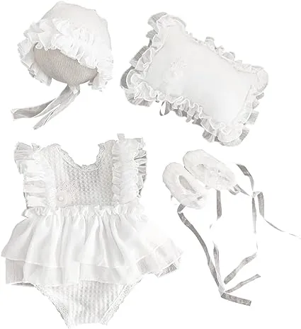 Babymoon | Set Of 4 |  Baby Lace Romper, Cap, Pillow & Shoes | Baby Photography Photoshoot Props Costumes | 1 yr | White