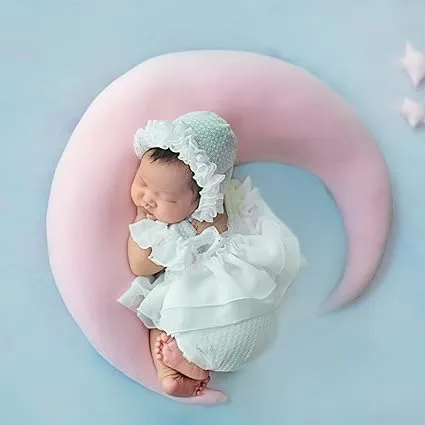 Babymoon | Set Of 4 |  Baby Lace Romper, Cap, Pillow & Shoes | Baby Photography Photoshoot Props Costumes | 1 yr | White