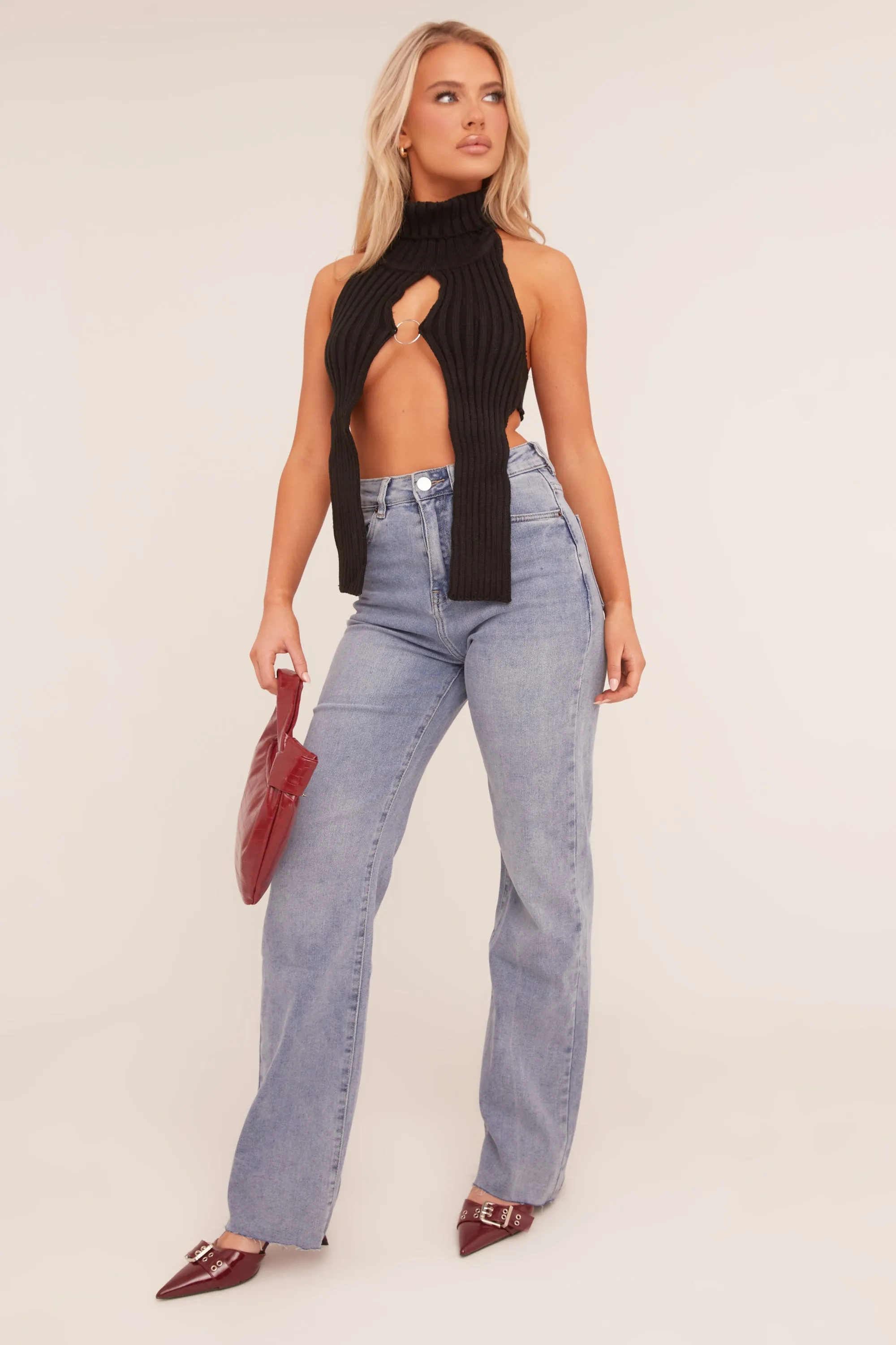 Black Knit High Neck Backless Top - Opal