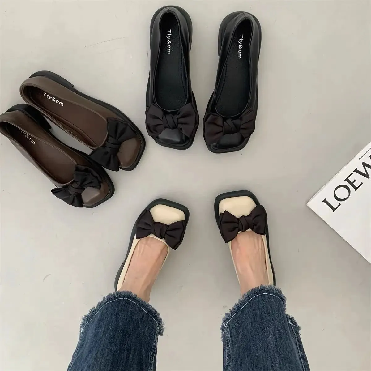 Hnzxzm Women's Shoes Retro French Single Shoes Square Bow Ballet Mary Jane Shoes NEW 35-43 Large