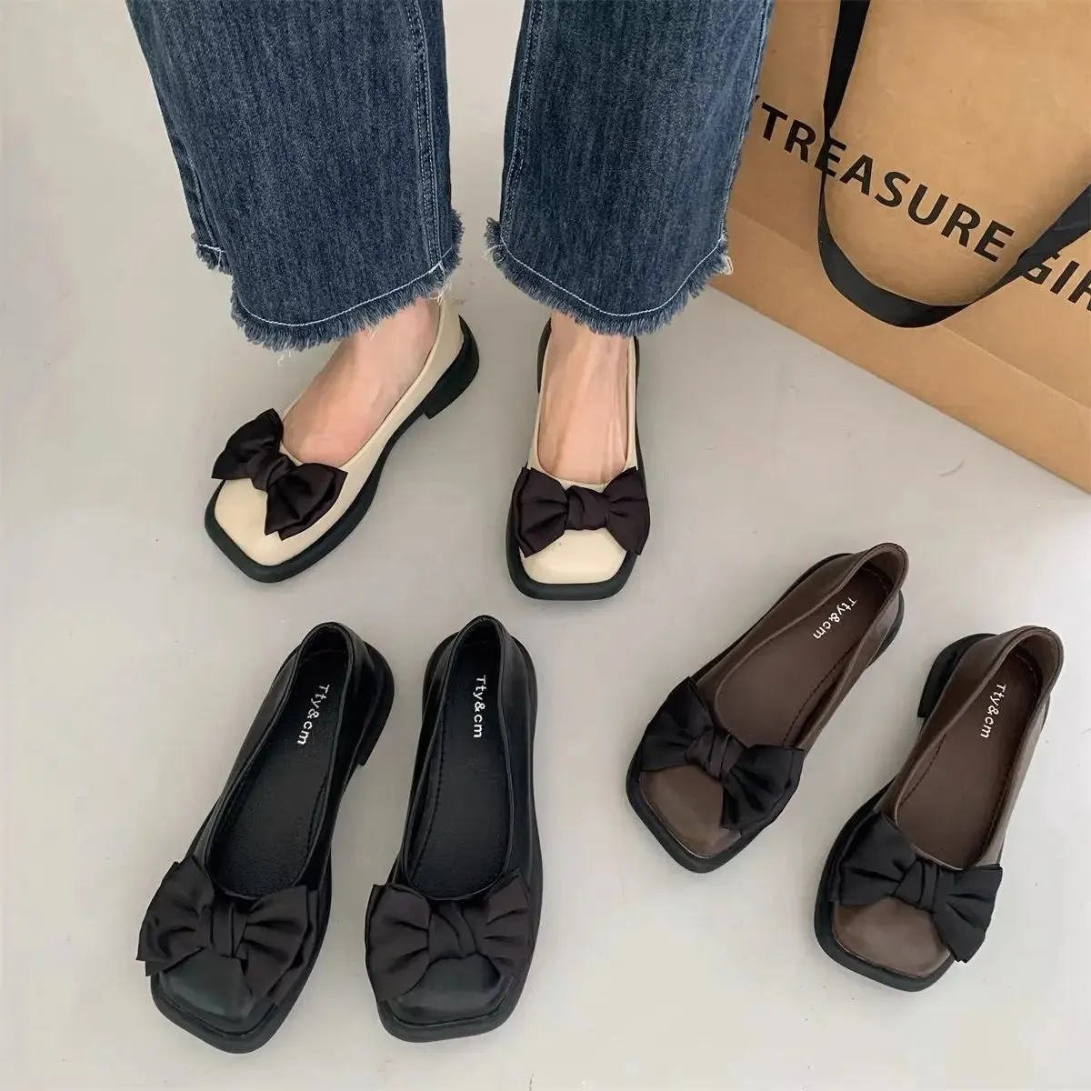 Hnzxzm Women's Shoes Retro French Single Shoes Square Bow Ballet Mary Jane Shoes NEW 35-43 Large